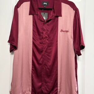Stussy NWT Men's Burgundy & Pink Short-Sleeve Button-Up Bowling Shirt Sz L